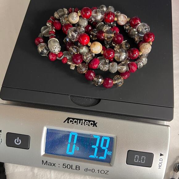 Handmade Beaded Bracelet Set of 5 Deep Red Smoky Gray Silver Tone with Crosses - Picture 6 of 6